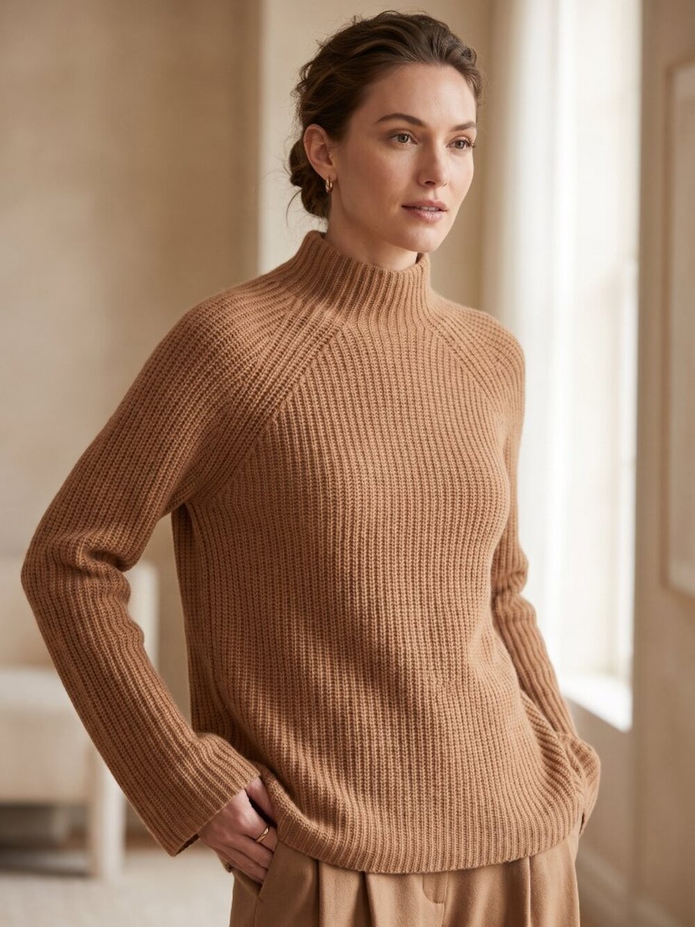 NWT 360 Cashmere Maye Ribbed Mock Neck Cashmere Sweater Vicuna Camel M $380